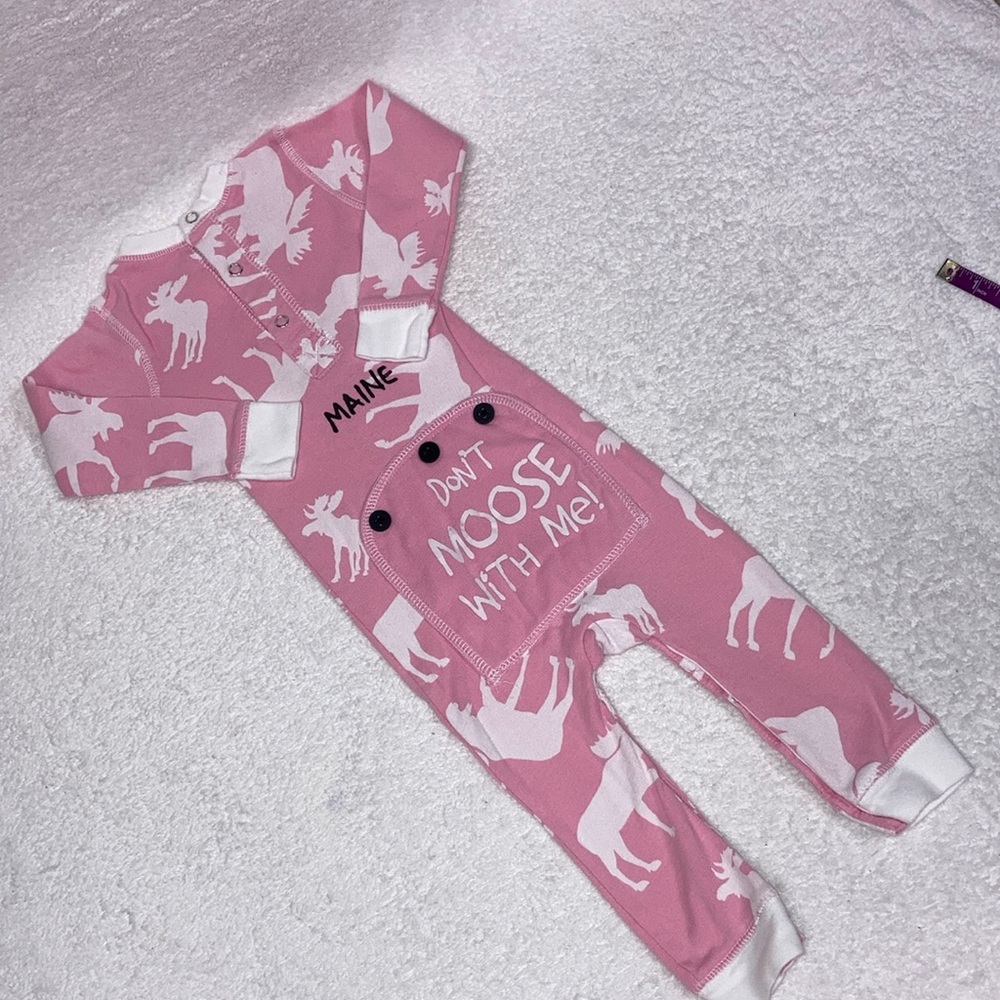 Flap jack “don’t moose with me” cotton moose footless sleeper Maine 12m